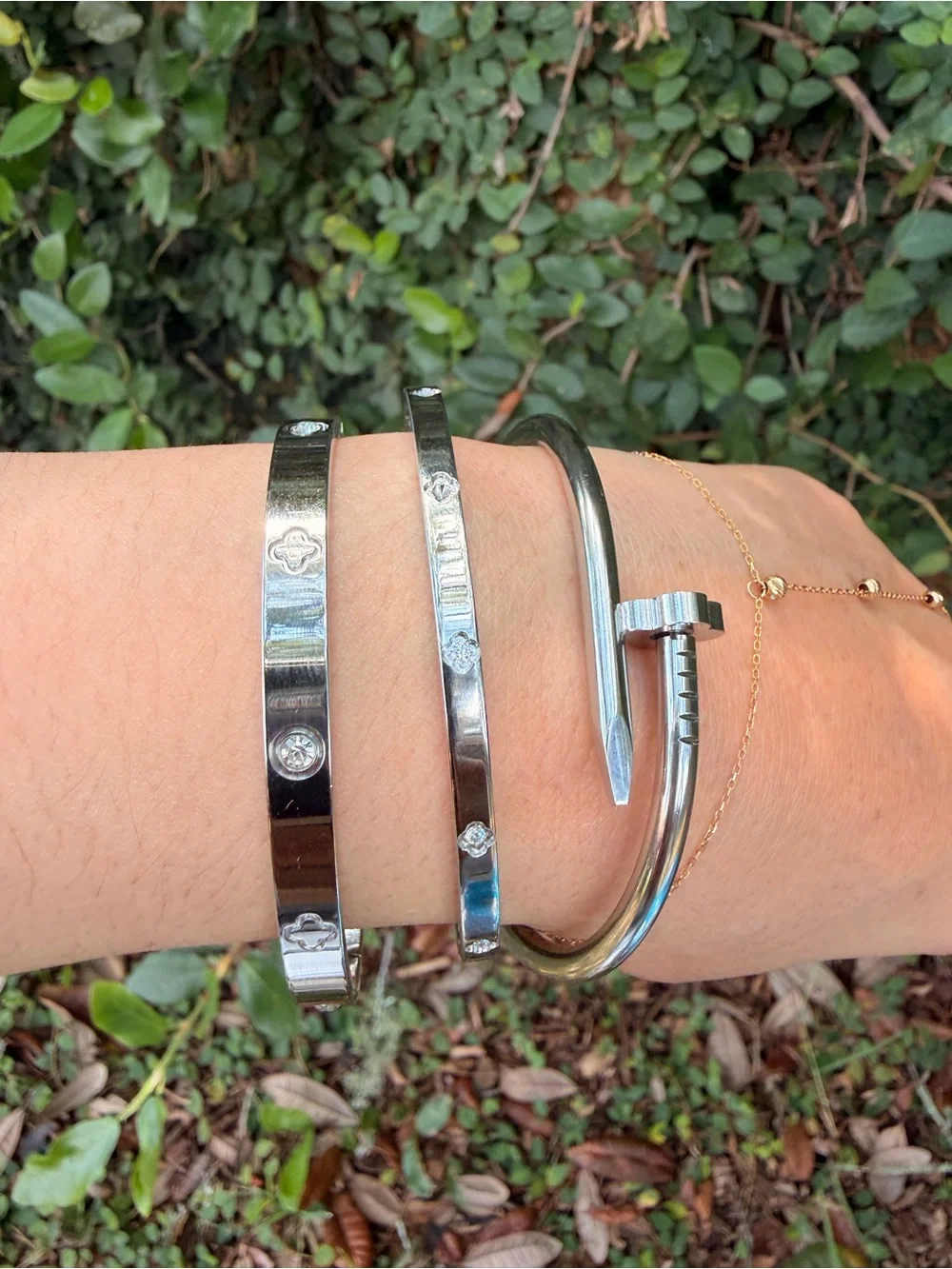 Nail Motif Bangle Bracelet Set of 3 Silver